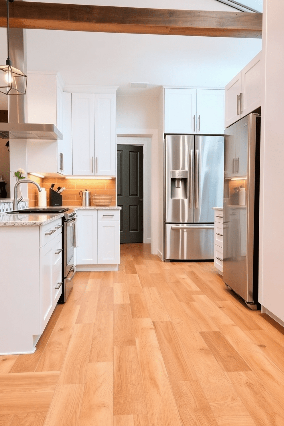 A modern kitchen featuring vinyl planks that beautifully mimic hardwood flooring. The warm tones of the planks create an inviting atmosphere, complemented by sleek white cabinetry and stainless steel appliances.