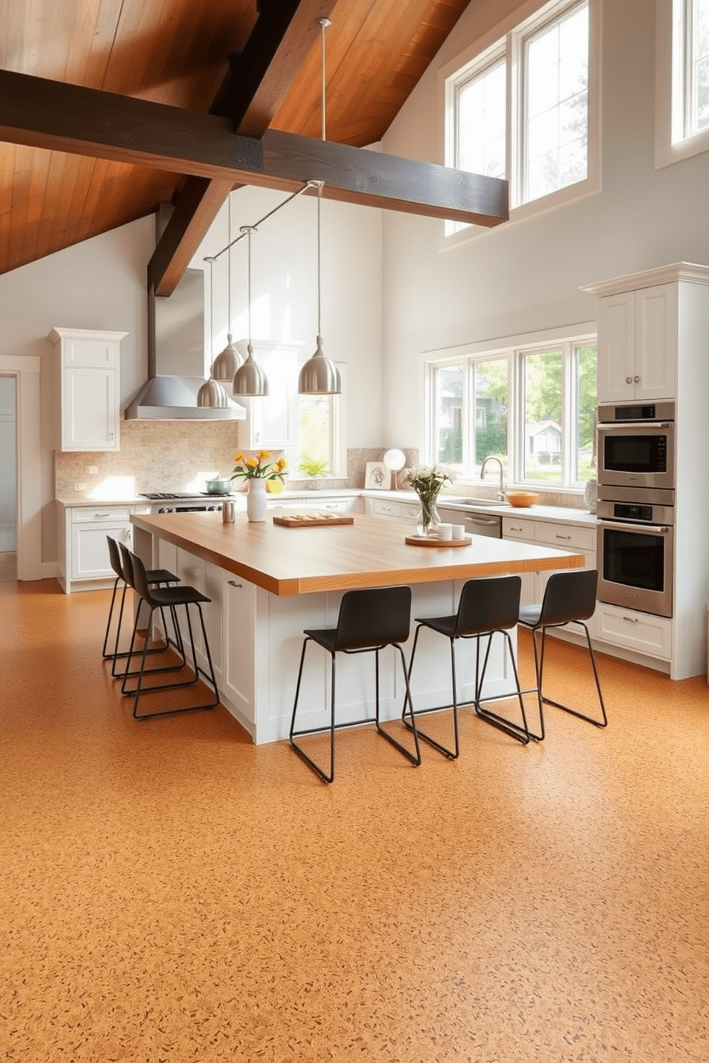 A cozy kitchen featuring cork flooring that provides warmth and comfort underfoot. The design includes an open layout with a large island topped with a butcher block surface, surrounded by sleek bar stools. Natural light floods the space through large windows, highlighting the earthy tones of the cork. The cabinetry is a soft white, contrasting beautifully with the rich texture of the cork flooring.