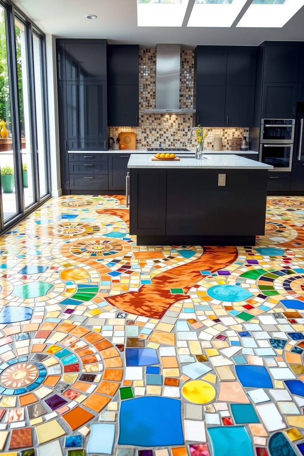 A vibrant kitchen space featuring mosaic tiles that create intricate patterns across the floor. The tiles blend various colors and shapes, adding a unique and artistic touch to the overall design. The kitchen includes modern cabinetry with a sleek finish and a spacious island at the center. Natural light floods the area through large windows, enhancing the beauty of the mosaic flooring.