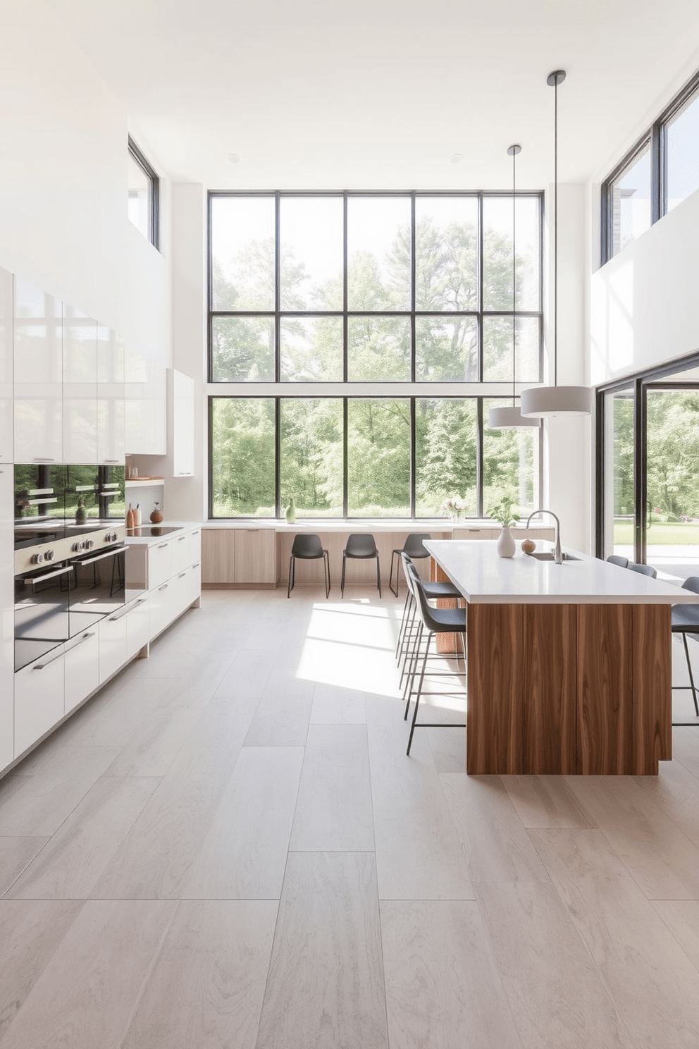 A contemporary kitchen featuring large format tiles that create minimal seams for a sleek and seamless look. The tiles are in a soft gray tone, complementing the modern cabinetry and brightening the space with their clean lines. Natural light floods the room through expansive windows, highlighting the texture of the tiles and enhancing the overall aesthetic. A central island with bar seating invites casual dining and socializing, making the kitchen a functional yet stylish gathering place.