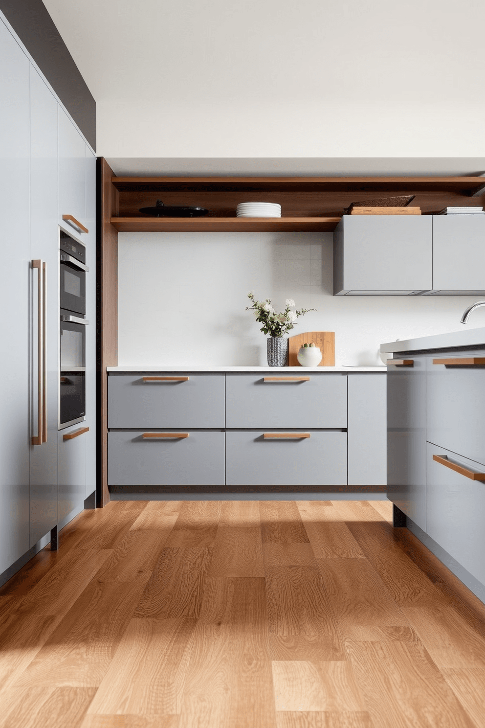 A contemporary kitchen space featuring textured laminate flooring that adds depth and warmth to the overall design. The flooring is complemented by sleek cabinetry in a soft gray tone, creating a modern and inviting atmosphere.