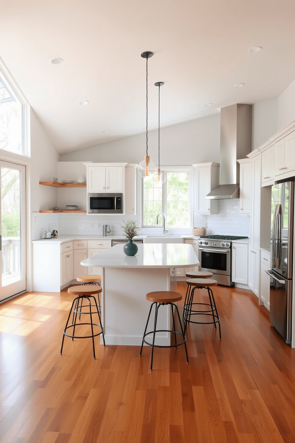 A modern kitchen featuring bamboo flooring as an eco-friendly choice. The space is bright and airy with light-colored cabinetry and stainless steel appliances. Natural light floods the room through large windows, highlighting the warmth of the bamboo. A central island with bar stools creates a functional and inviting gathering area.