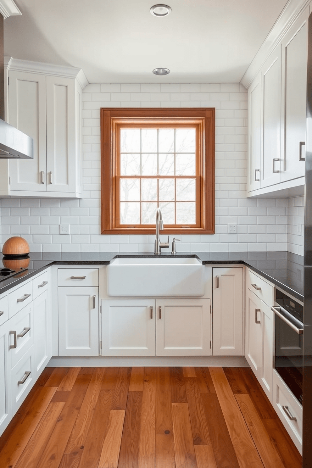 A classic kitchen setting featuring white subway tiles that cover the walls, creating a timeless and clean aesthetic. The countertops are made of dark granite, contrasting beautifully with the bright tiles and providing ample workspace. The kitchen floor is adorned with warm wooden planks that add a touch of rustic charm to the overall design. A large farmhouse sink is positioned beneath a window, allowing natural light to illuminate the space.