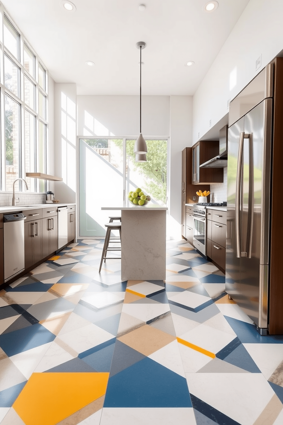 A contemporary kitchen featuring bold geometric tiles that create a striking visual impact on the floor. The tiles are arranged in a dynamic pattern, complementing sleek cabinetry and stainless steel appliances. Natural light floods the space through large windows, enhancing the vibrant colors of the tile design. A central island with bar seating invites both functionality and style, making it the perfect gathering spot for family and friends.