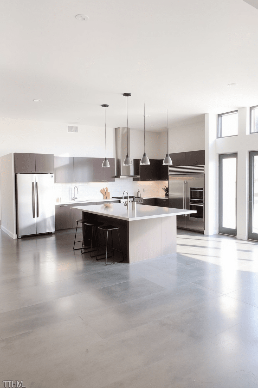 A sleek kitchen featuring concrete flooring that adds an industrial edge to the space. The open layout includes stainless steel appliances and a large island with bar stools for casual dining. Natural light floods the room through large windows, highlighting the minimalist cabinetry and modern fixtures. A combination of pendant lights and recessed lighting creates a warm and inviting atmosphere.