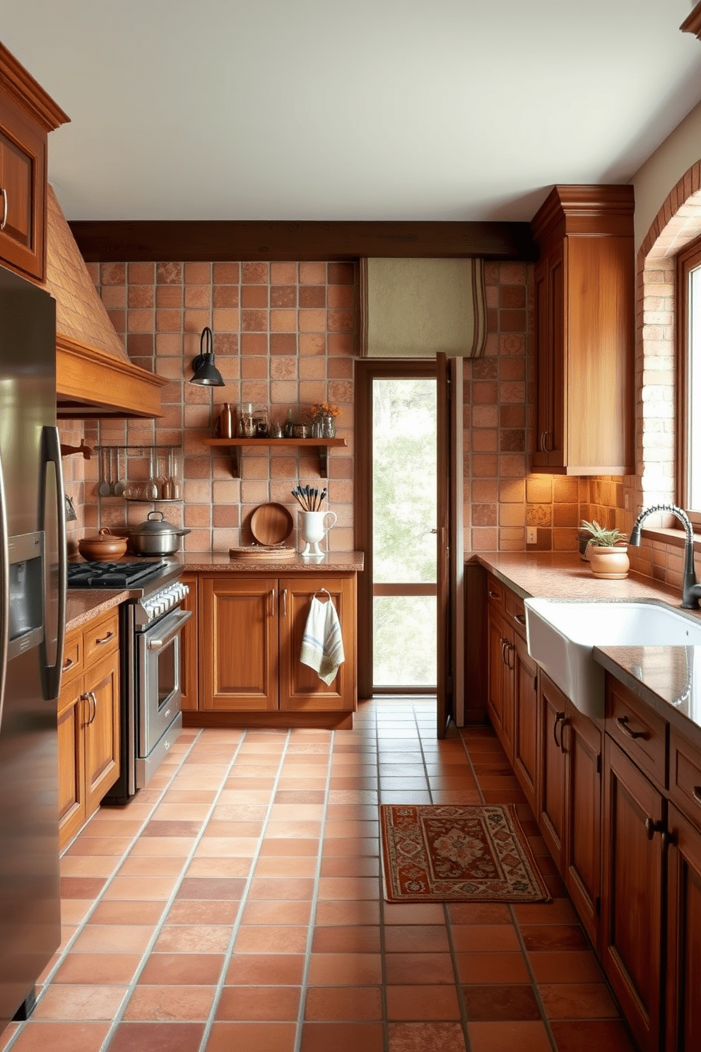 A warm and inviting kitchen featuring rustic terracotta tiles that evoke a Mediterranean vibe. The rich earthy tones of the tiles complement wooden cabinetry and a large farmhouse sink, creating a cozy and stylish atmosphere.