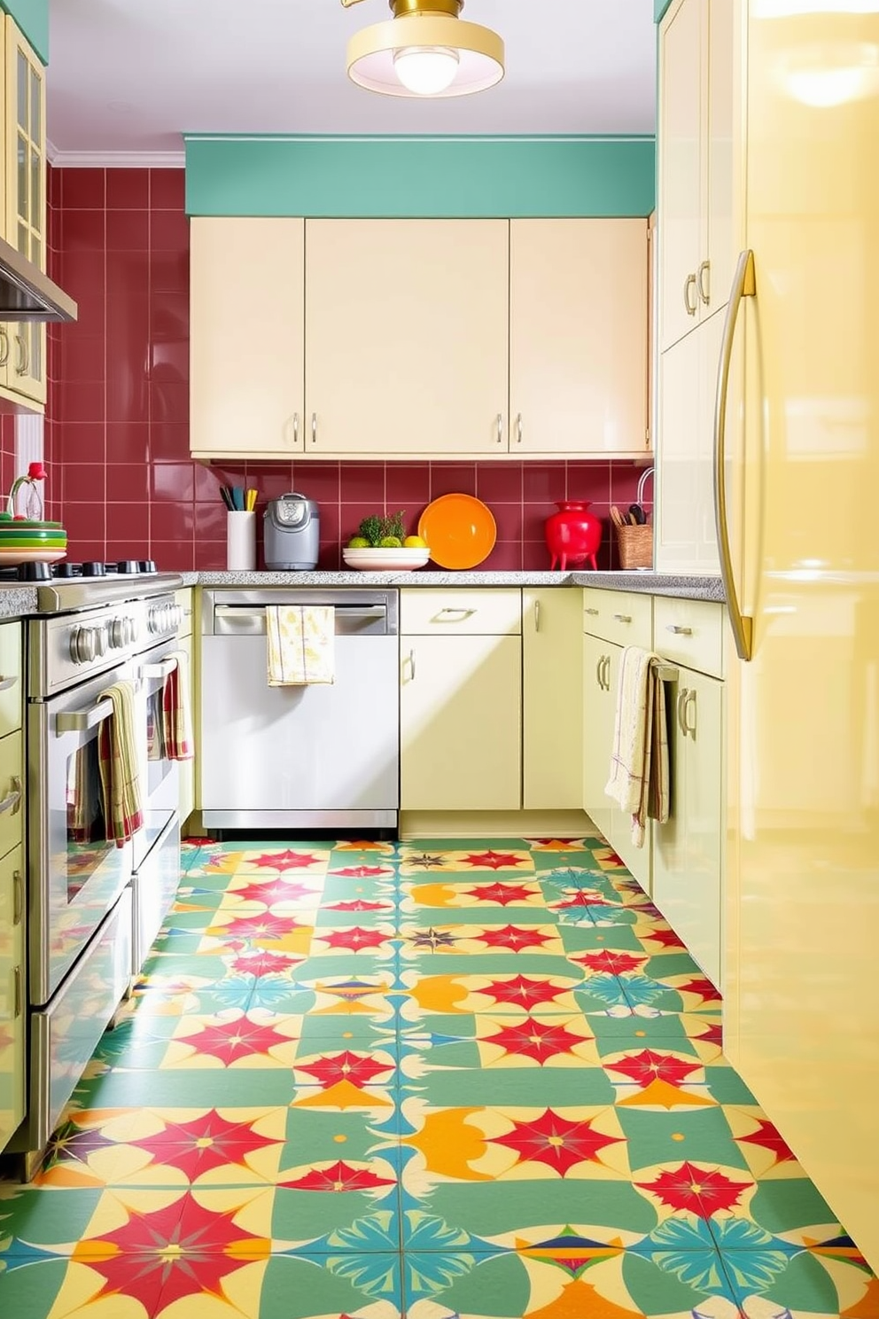 Brightly patterned linoleum covers the kitchen floor, featuring vibrant colors and bold geometric shapes that evoke a sense of retro charm. The playful patterns complement vintage-inspired cabinetry and modern appliances, creating a unique blend of old and new in the heart of the home.