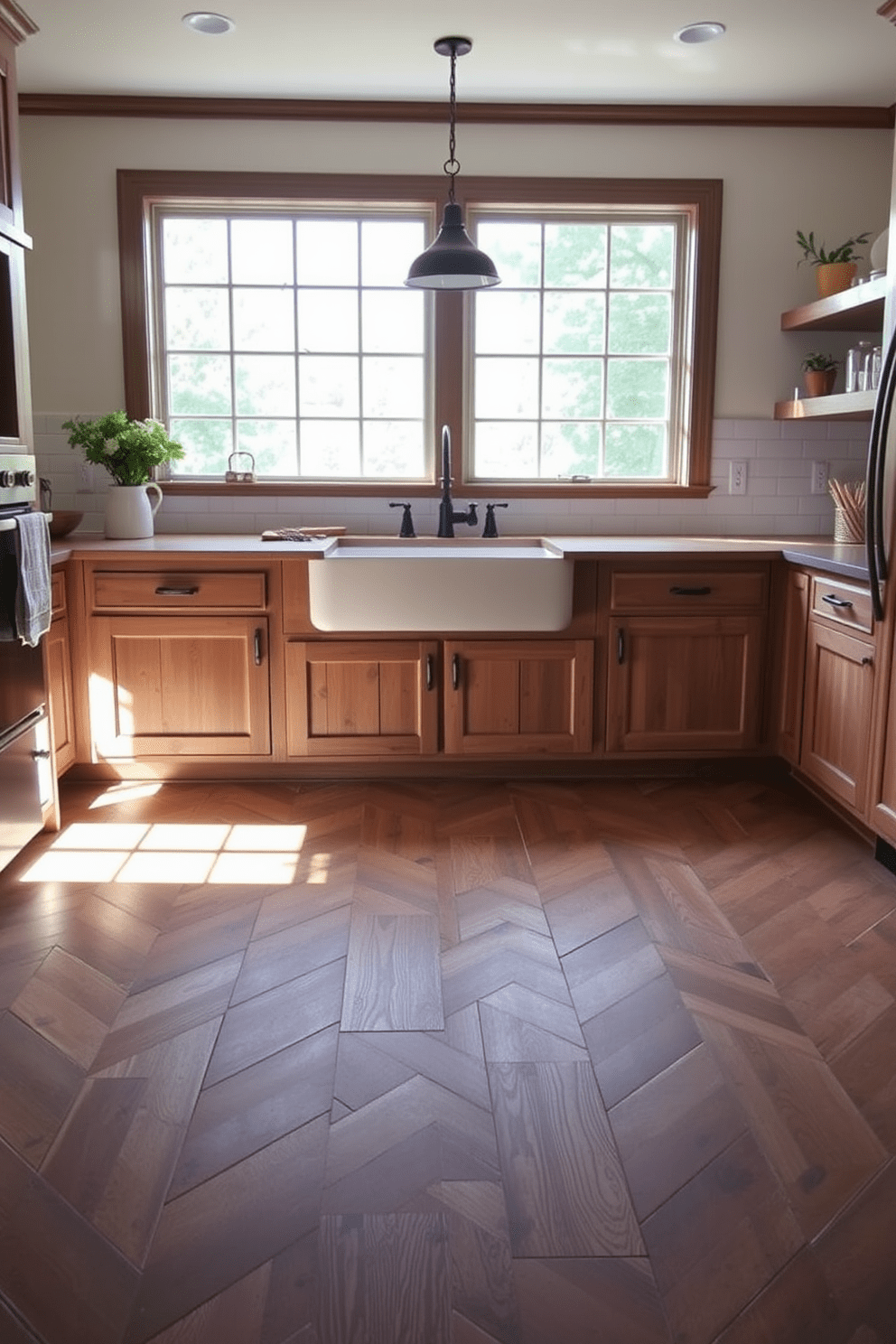 A kitchen featuring weathered wood look tiles that evoke a rustic charm. The tiles are laid in a herringbone pattern, enhancing the warmth of the space while complementing the farmhouse-style cabinetry. Natural light floods the room through large windows, highlighting the earthy tones of the flooring. A large farmhouse sink is positioned beneath the windows, creating a cozy and inviting atmosphere.