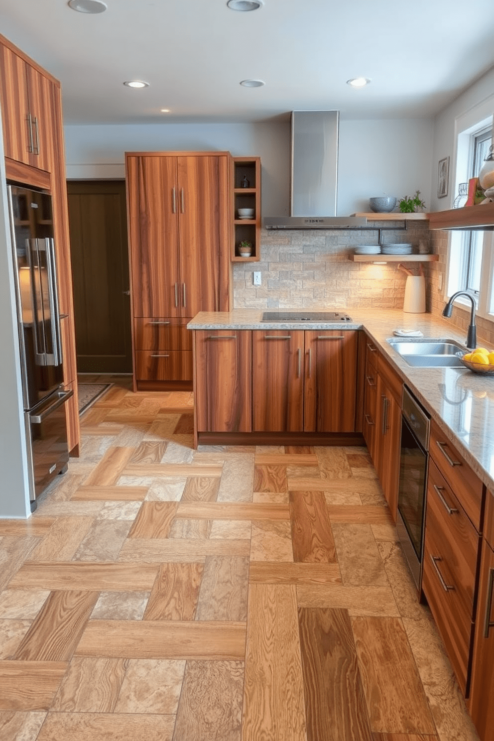 A kitchen featuring mixed material flooring that creatively combines wood and stone elements. The warm tones of the wood contrast beautifully with the cool hues of the stone, creating a visually striking surface that enhances the overall design. The flooring is laid out in an intricate pattern, adding depth and character to the space. This unique combination not only provides durability but also elevates the aesthetic appeal of the kitchen.