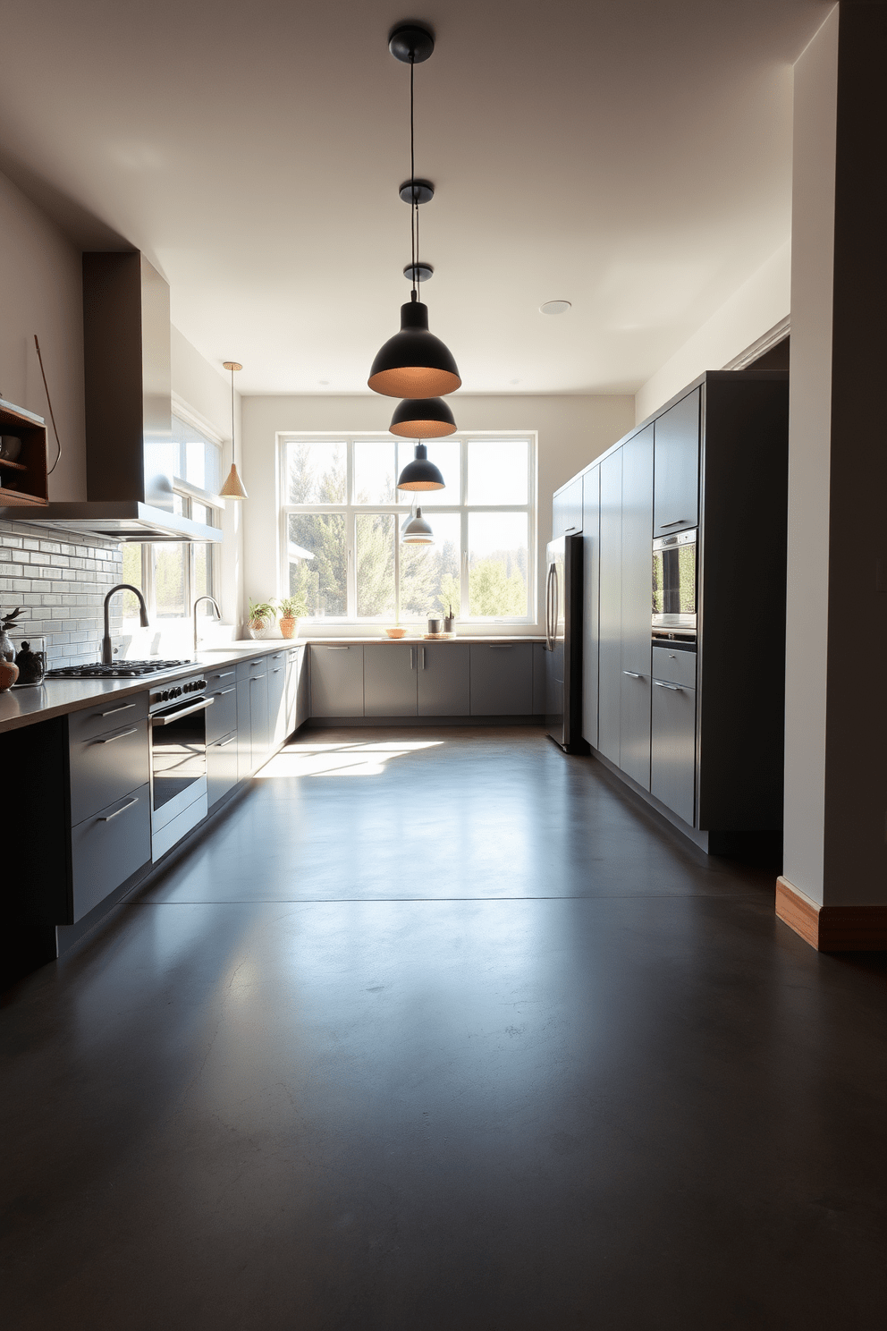 A modern kitchen featuring stained concrete flooring that enhances the sleek and industrial vibe. The open layout includes minimalist cabinetry and stainless steel appliances, creating a seamless flow throughout the space. Natural light floods the area through large windows, highlighting the unique texture of the concrete. Complementary elements such as wooden accents and bold pendant lighting add warmth and character to the design.