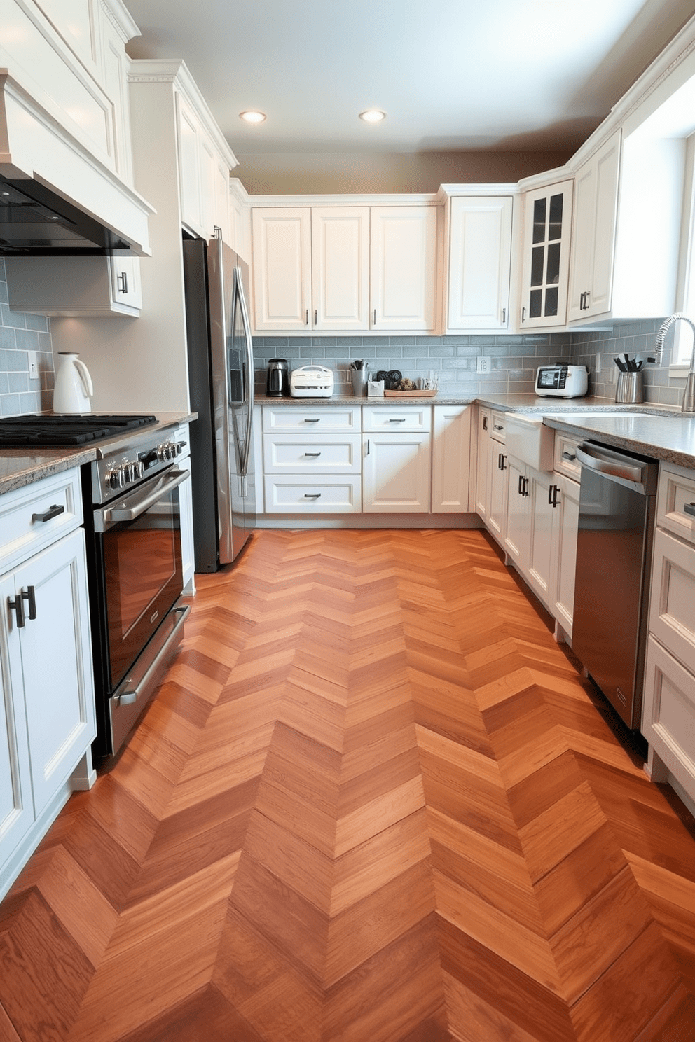 Elegant herringbone pattern for sophistication. The kitchen floor features a stunning herringbone layout in rich oak tones, creating a warm and inviting atmosphere. The cabinetry is painted in a soft white, complementing the natural wood of the flooring. Sleek stainless steel appliances add a modern touch, enhancing the overall elegance of the space.