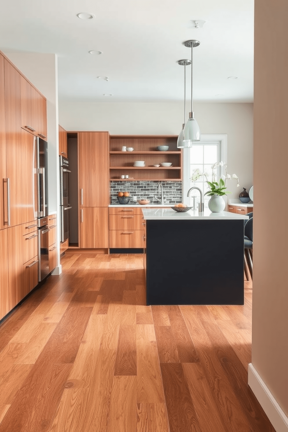 A modern kitchen featuring vinyl sheets that mimic the look of hardwood flooring. The seamless installation creates a sleek and cohesive appearance throughout the space. The color palette includes warm tones that enhance the inviting atmosphere of the kitchen. Stylish cabinetry complements the flooring, while a central island provides additional workspace and seating options.