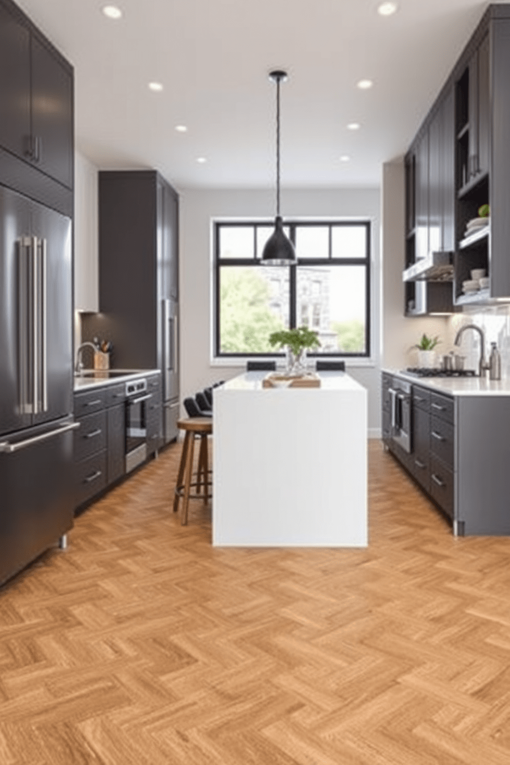 A modern kitchen featuring woven vinyl flooring that adds a unique texture and warmth to the space. The flooring complements sleek cabinetry and a central island with bar seating, creating a stylish and functional cooking area.