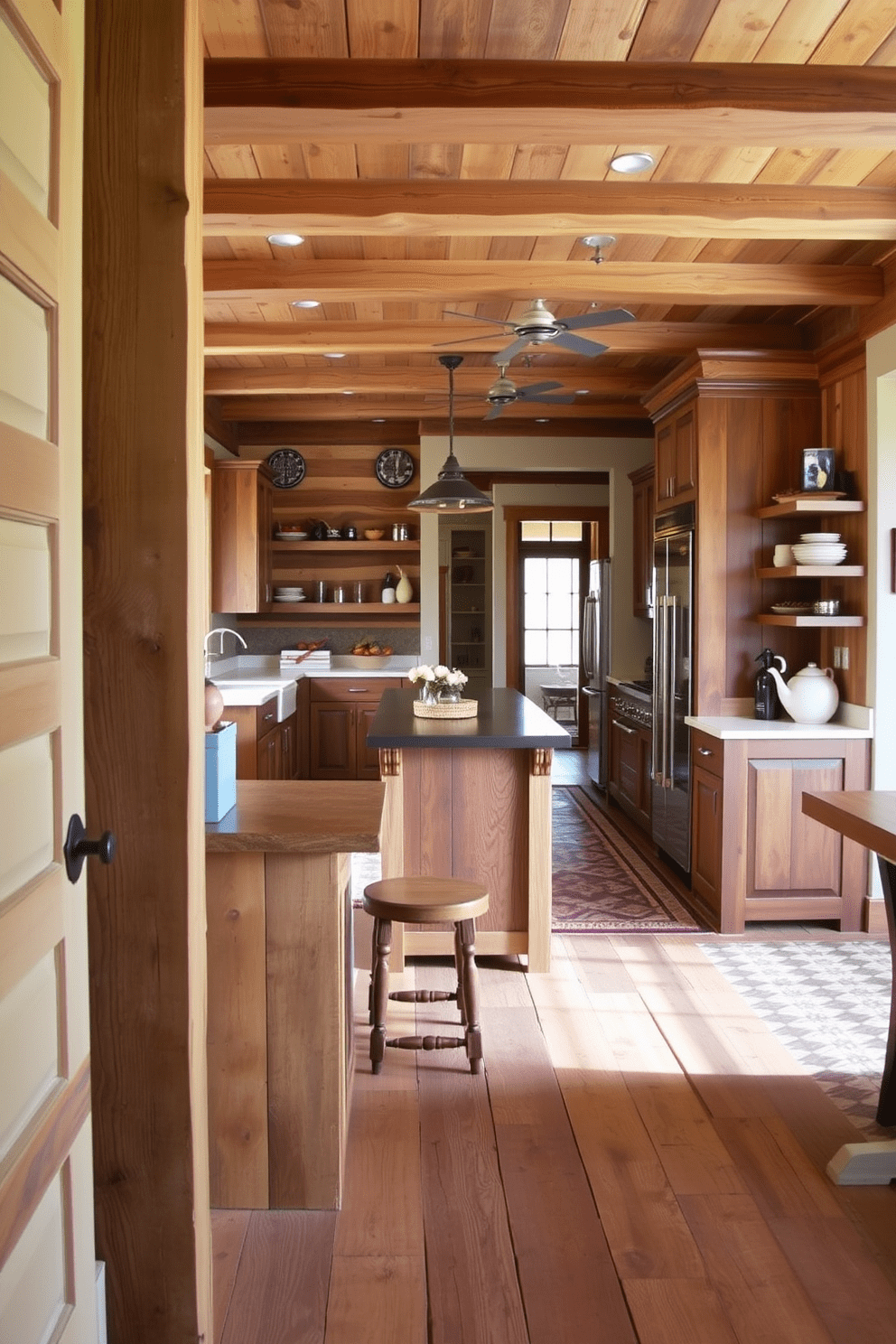 A cozy kitchen featuring rustic reclaimed wood accents that exude warmth and charm. The flooring is a mix of wide planks and intricate tiles, creating a welcoming atmosphere perfect for family gatherings.