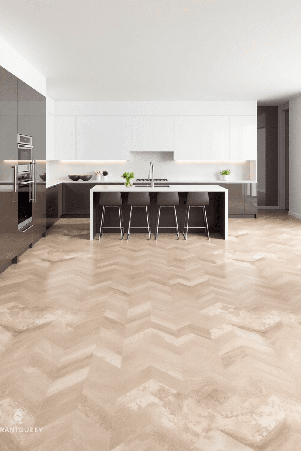 A modern kitchen space featuring durable porcelain tiles that mimic the look of natural stone. The tiles are arranged in a herringbone pattern, adding visual interest and elegance to the room. The cabinetry is sleek and minimalist, with a glossy finish that complements the flooring. A large kitchen island with bar seating is situated in the center, creating a functional and inviting atmosphere.