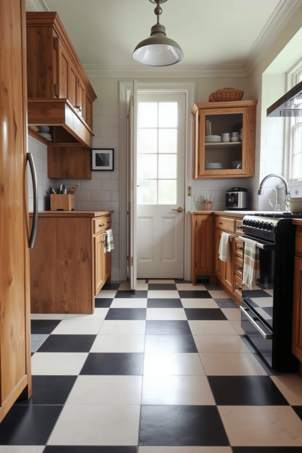 A charming kitchen featuring a classic checkerboard pattern in black and white tiles. The flooring enhances the vintage appeal while complementing the rustic wooden cabinets and modern appliances.