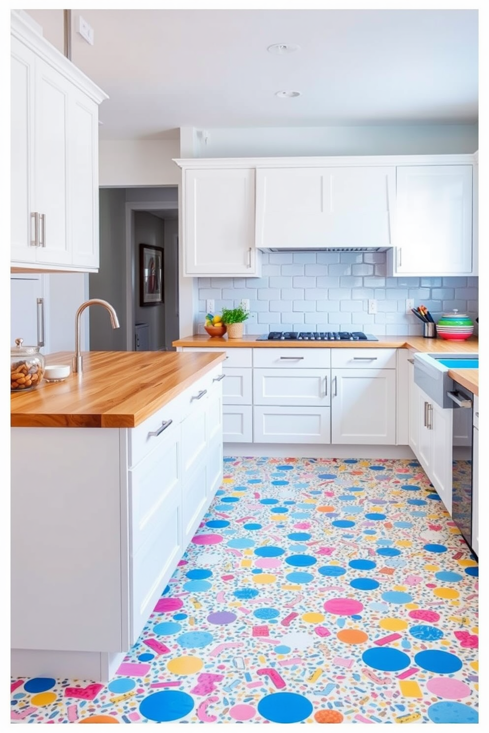 Bright colorful terrazzo tiles cover the kitchen floor, creating a lively and playful atmosphere. The vibrant patterns in shades of blue, pink, and yellow add a cheerful touch to the space, inviting creativity and fun. The kitchen cabinetry features sleek white finishes that contrast beautifully with the bold flooring. A large island with a natural wood countertop provides ample space for meal preparation and casual dining, enhancing the inviting feel of the room.