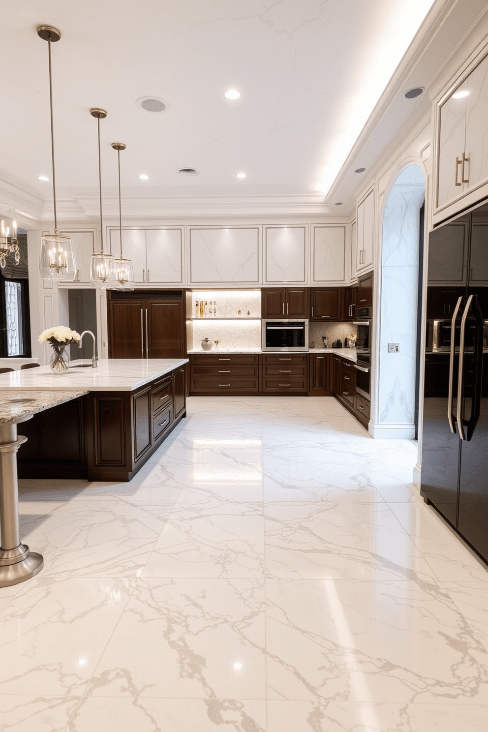 A luxurious kitchen featuring elegant marble flooring that exudes sophistication and style. The marble tiles have intricate veining patterns that create a stunning visual impact throughout the space. The kitchen layout includes a spacious island with a polished marble countertop, complemented by high-end appliances and custom cabinetry. Soft lighting highlights the beauty of the marble, enhancing the overall ambiance of the kitchen.