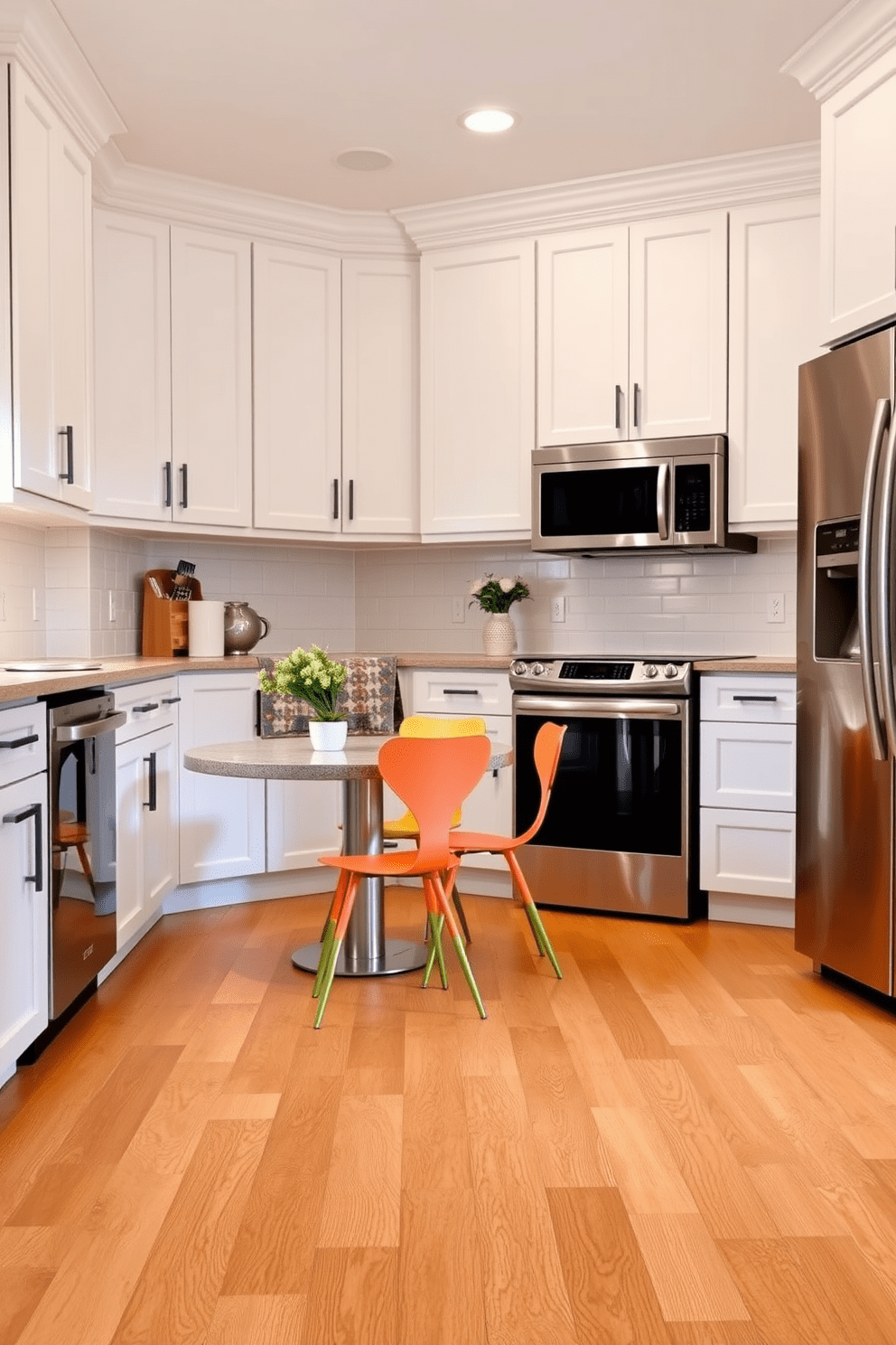 A modern kitchen featuring peel and stick vinyl flooring that mimics the look of natural wood. The floor has a warm tone that complements white cabinetry and stainless steel appliances, creating a bright and inviting atmosphere. The vinyl flooring is easy to maintain and enhances the overall aesthetic of the space. A cozy breakfast nook with a small round table and colorful chairs adds a touch of personality to the kitchen design.