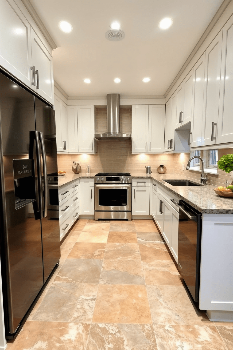 A modern kitchen featuring natural stone flooring that adds sophistication and warmth to the space. The flooring showcases a blend of earthy tones, enhancing the overall aesthetic and providing a durable surface for high-traffic areas. The kitchen is designed with sleek cabinetry in a soft white hue, complemented by stainless steel appliances for a contemporary look. A large island with a natural stone countertop serves as the centerpiece, offering both functionality and style.