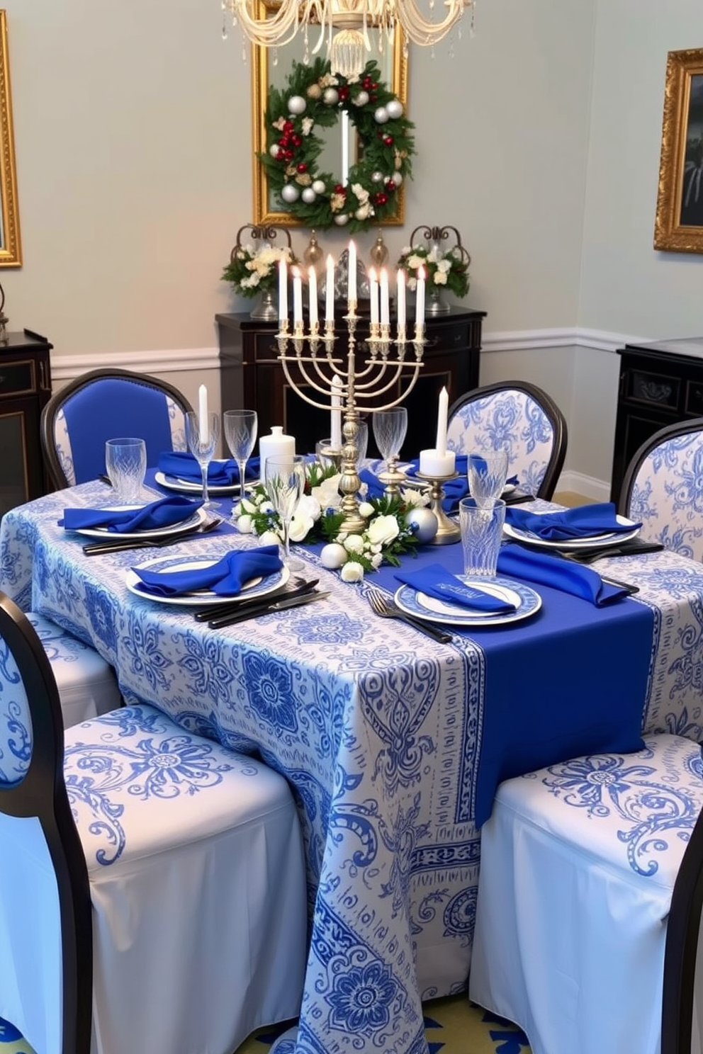 A festive dining table is adorned with blue and white table linens that feature intricate patterns. The centerpiece includes a beautiful menorah surrounded by seasonal decorations and elegant dinnerware.