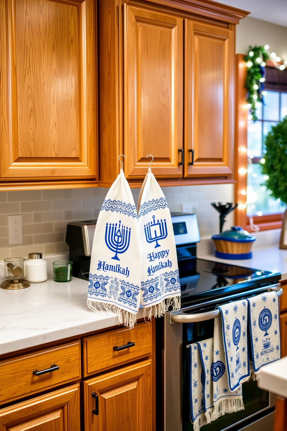 A cozy kitchen adorned with custom Hanukkah-themed towels hanging on the oven handle. The towels feature vibrant blue and silver designs, adding a festive touch to the warm wooden cabinetry. Decorative accents like menorahs and dreidels are displayed on the countertop, enhancing the holiday spirit. Soft white lights are strung around the window, creating a warm and inviting atmosphere for family gatherings.