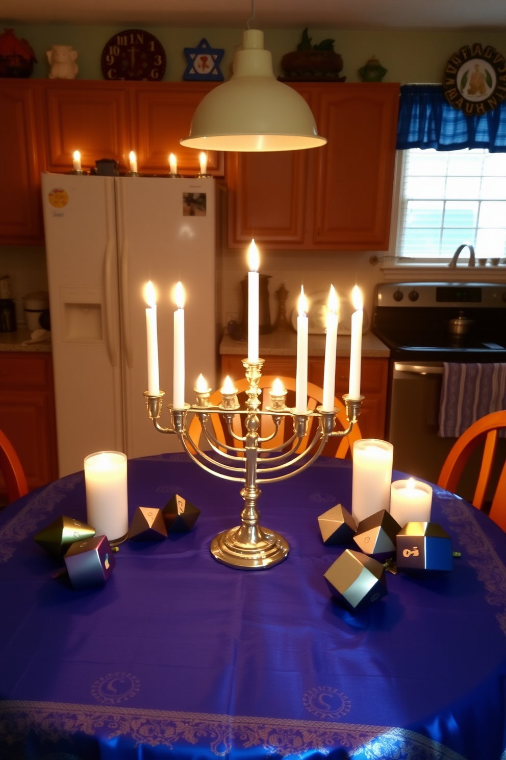 A cozy kitchen adorned for Hanukkah with LED candles casting a warm glow. The table is set with a festive blue and silver tablecloth, featuring a beautiful menorah at the center surrounded by decorative dreidels.