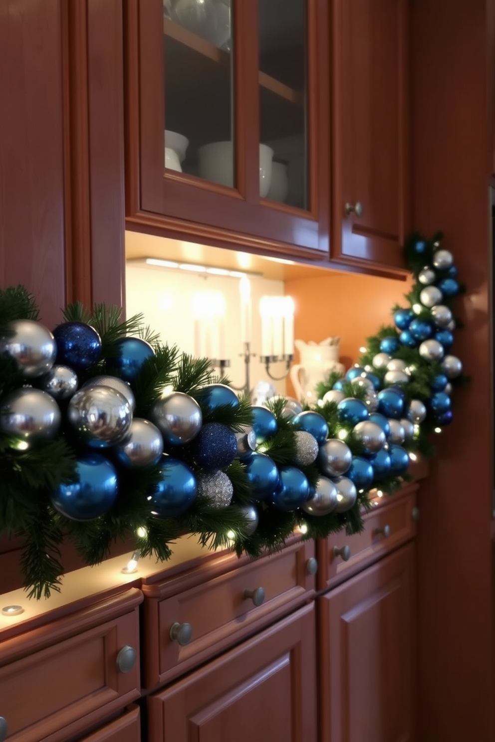 A festive garland made of blue and silver ornaments is elegantly draped over the kitchen cabinets. Soft white lights twinkle among the decorations, creating a warm and inviting atmosphere for Hanukkah celebrations.