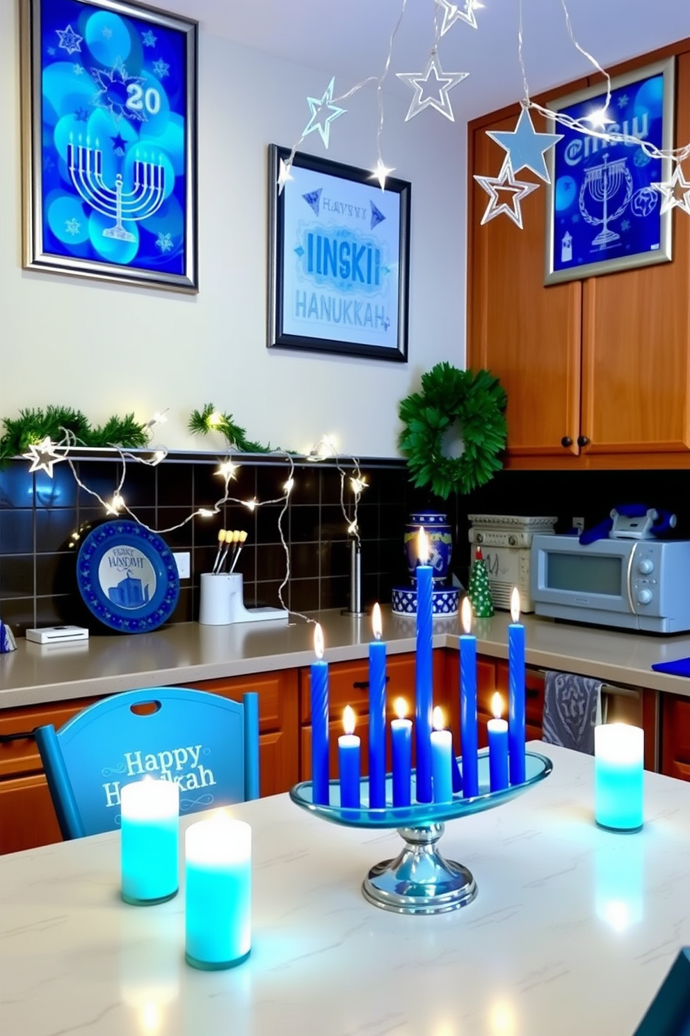 Charming Hanukkah-themed artwork adorns the walls, featuring vibrant blue and silver colors that evoke the spirit of the holiday. The pieces include traditional symbols such as menorahs and dreidels, beautifully framed to enhance the festive atmosphere. The kitchen is adorned with Hanukkah decorations, including a cheerful table centerpiece made of blue and white candles. String lights in star shapes hang above the countertops, creating a warm and inviting glow for holiday gatherings.