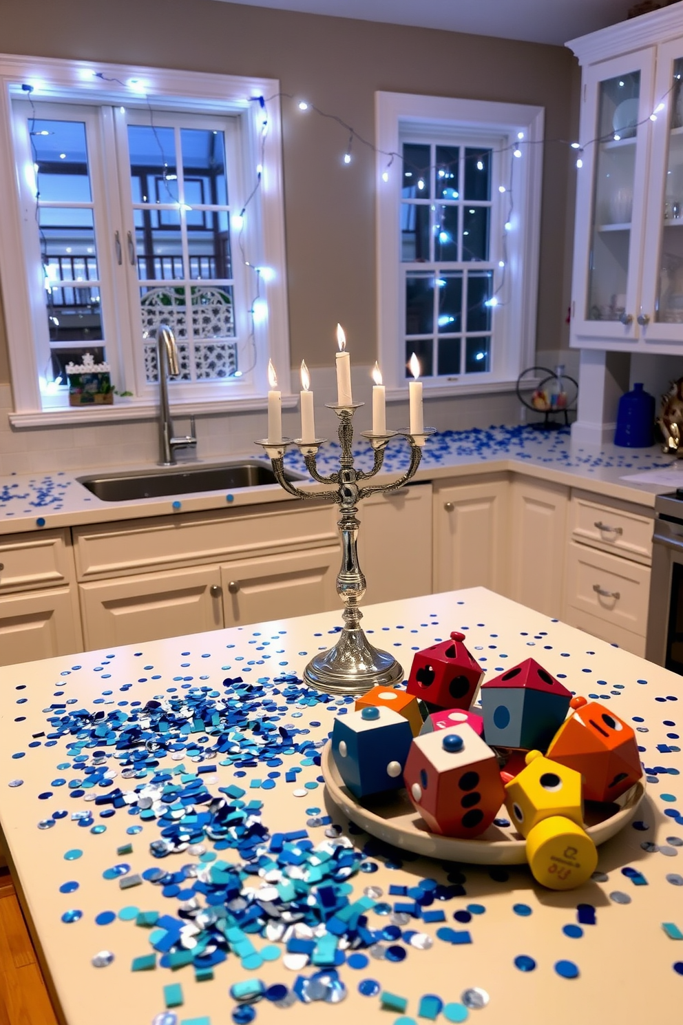 A festive kitchen adorned with creative Hanukkah confetti decorations. The countertops are sprinkled with blue and silver confetti, while a beautiful menorah sits proudly in the center. Brightly colored dreidels and gelt are artfully arranged on the dining table, enhancing the celebratory atmosphere. String lights in shades of blue and white are draped around the windows, adding a warm glow to the space.