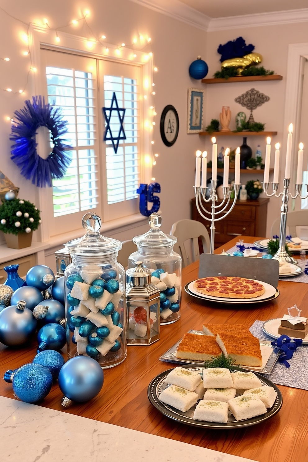 Create an inviting kitchen scene for Hanukkah. Elegant glass jars filled with colorful gelt are displayed on a wooden countertop, surrounded by festive decorations such as blue and silver ornaments. The walls are adorned with string lights and traditional Hanukkah symbols. A beautifully set dining table nearby features a menorah and delicious holiday treats, enhancing the warm and celebratory atmosphere.