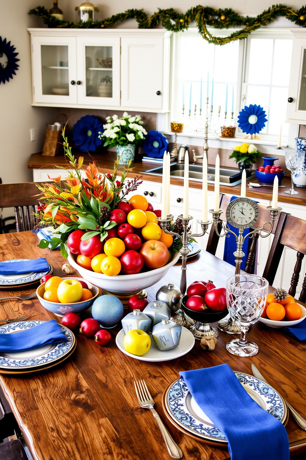 A vibrant display of seasonal fruit is artistically arranged in various bowls on a rustic wooden kitchen table. The colorful assortment includes apples, oranges, and pomegranates, creating a warm and inviting atmosphere. The kitchen is adorned with elegant Hanukkah decorations, featuring blue and silver accents throughout. A beautifully set table showcases a menorah, dreidels, and festive tableware, enhancing the celebratory spirit of the season.