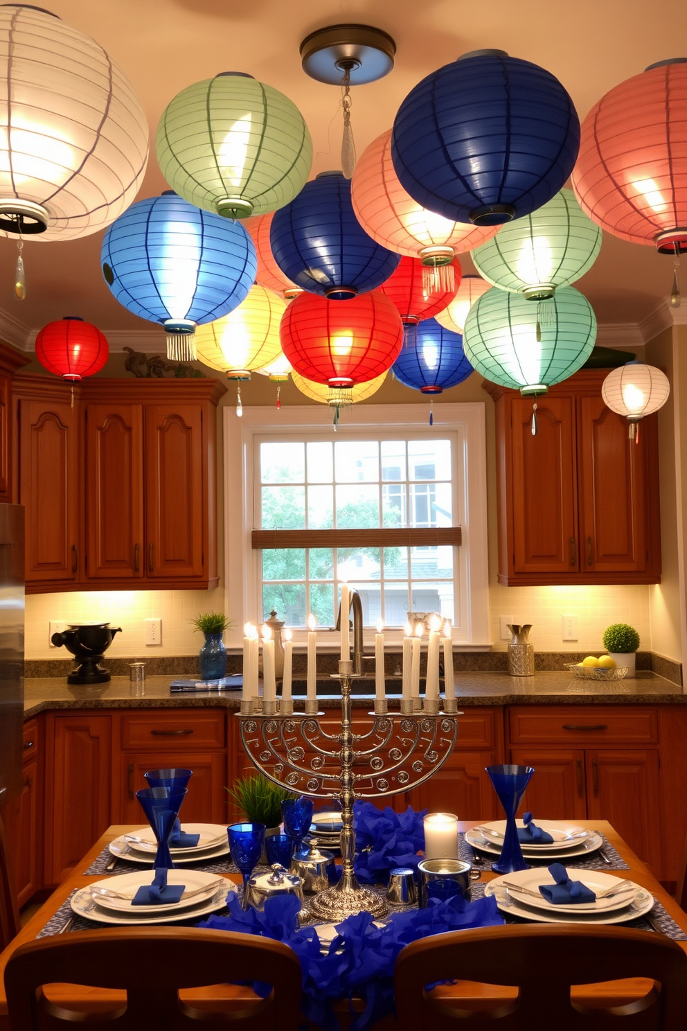 A vibrant kitchen adorned with colorful paper lanterns hanging from the ceiling. The lanterns cast a warm glow over a festive table set with traditional Hanukkah decorations, including a menorah and blue and silver accents.