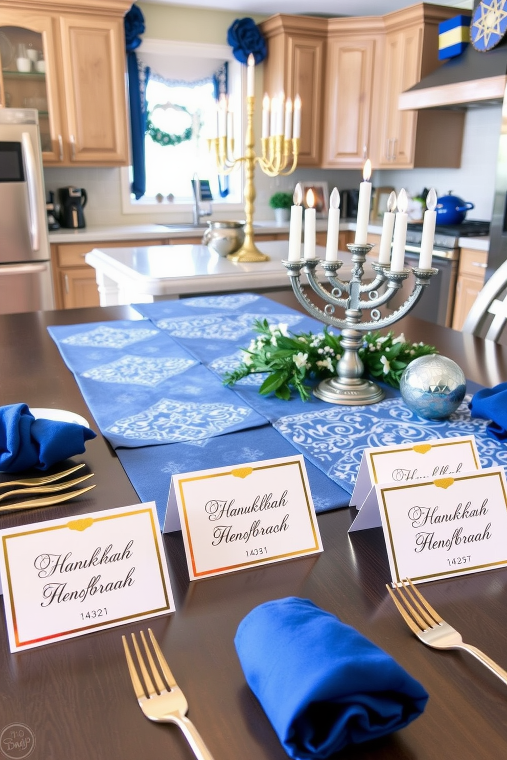 Personalized place cards for guests. Each card features elegant calligraphy on high-quality cardstock, adorned with a subtle gold foil border. Kitchen Hanukkah decorating ideas. The kitchen is adorned with blue and silver accents, including a festive table runner and decorative menorah centerpiece.