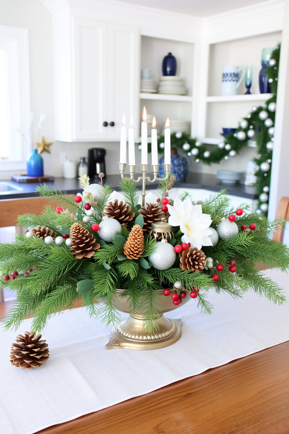 Winter greenery as table decor. A beautifully arranged centerpiece features an assortment of evergreen branches, pinecones, and seasonal berries, creating a festive yet elegant atmosphere. Kitchen Hanukkah decorating ideas. The kitchen is adorned with blue and silver accents, including a menorah on the countertop, festive dishware, and a garland of star-shaped ornaments draped along the shelves.