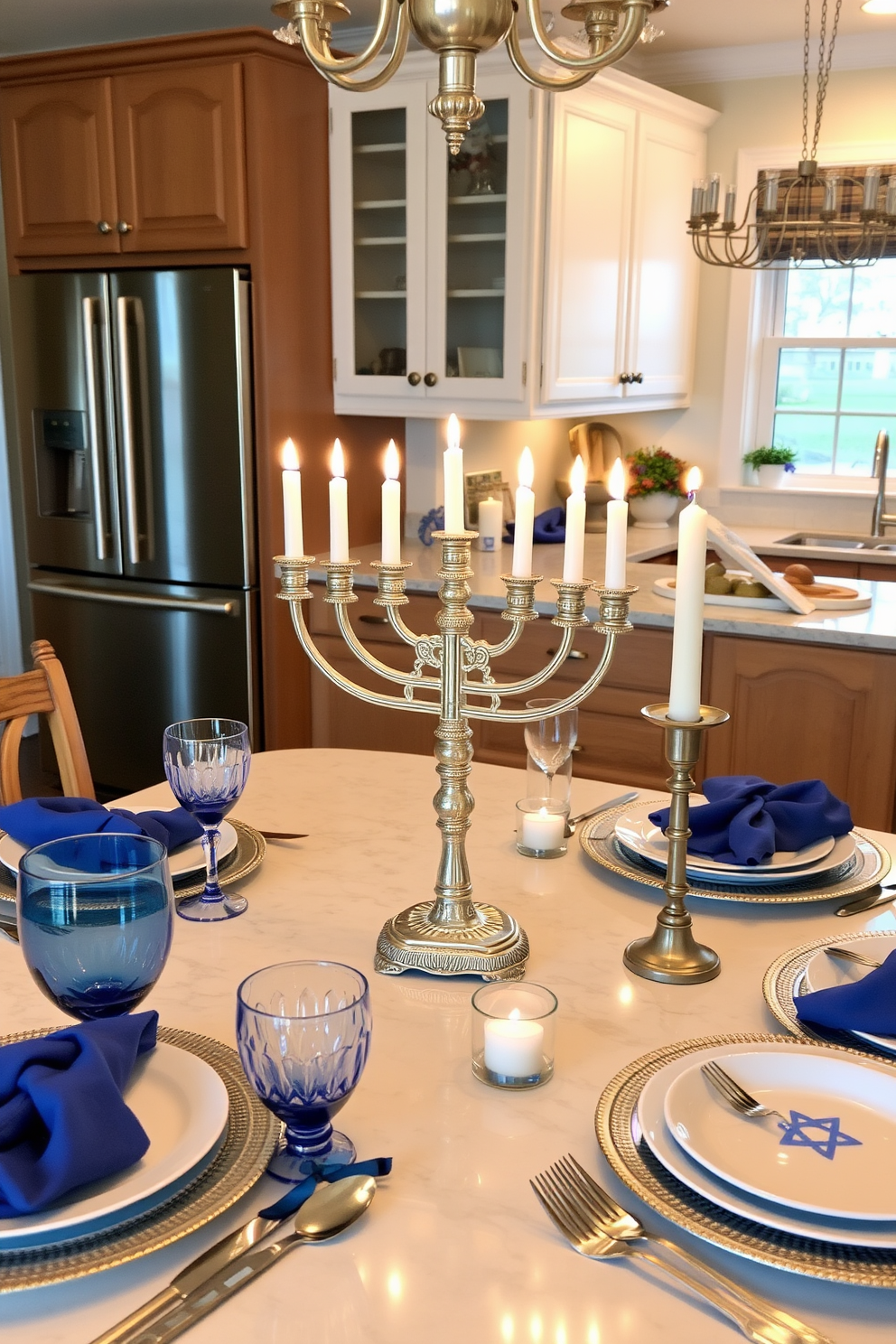 A beautifully arranged kitchen for Hanukkah features a decorative menorah as the centerpiece on the dining table. Surrounding the menorah are elegant blue and silver accents, including festive tableware and candles, creating a warm and inviting atmosphere.