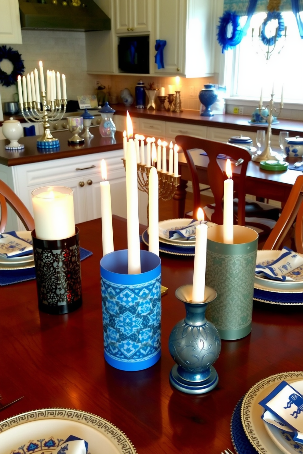 Candle holders with unique designs are placed on a wooden dining table. Each holder features intricate patterns and vibrant colors, creating a warm and inviting atmosphere. The kitchen is elegantly decorated for Hanukkah with blue and silver accents. Menorahs are displayed prominently, and festive table settings include traditional dishes and decorative elements that celebrate the holiday.