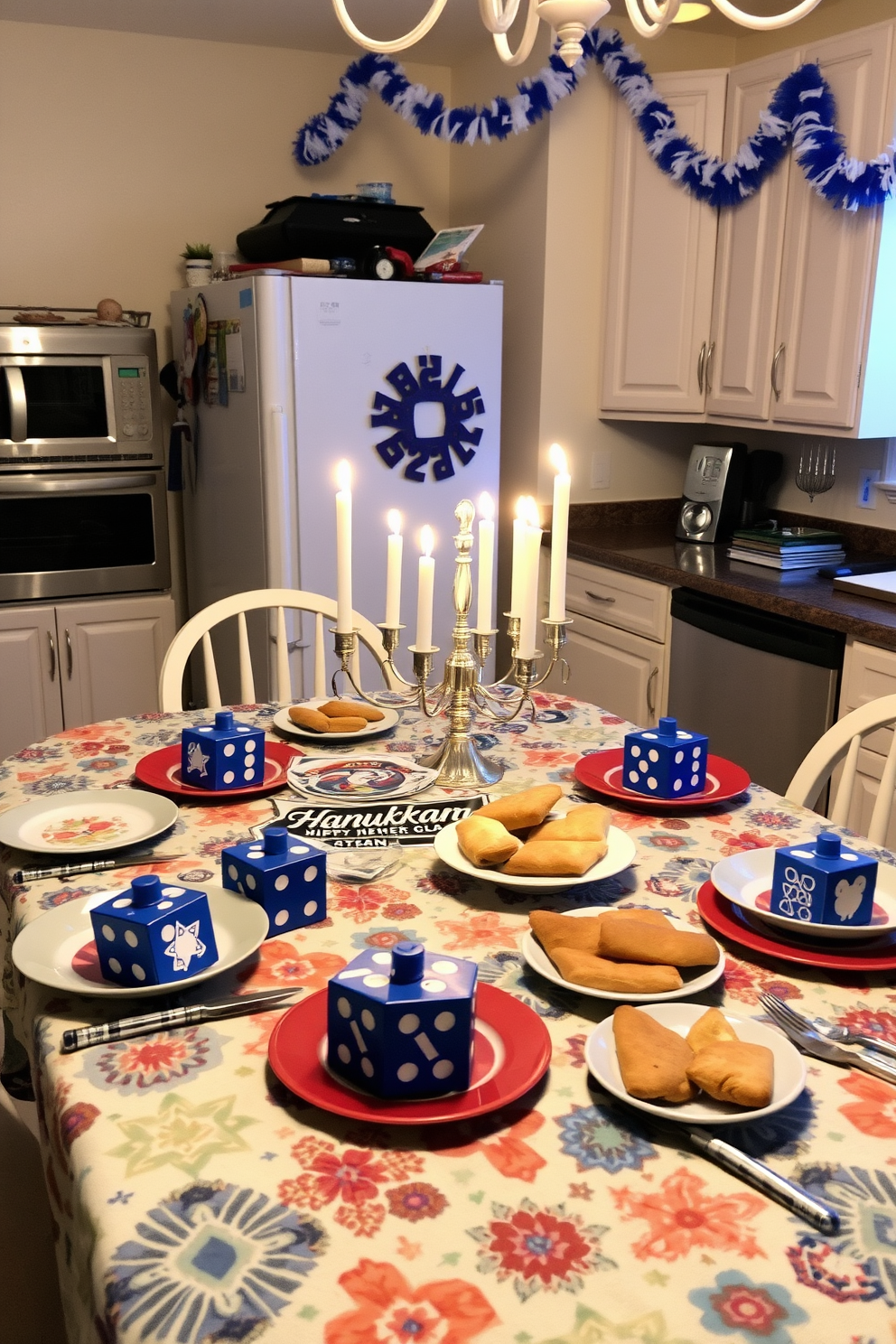 A festive kitchen setting for Hanukkah, featuring a beautifully set dining table with a colorful tablecloth. On the table, there are several tabletop dreidel games arranged alongside plates of traditional pastries and candles. The kitchen is adorned with blue and white decorations, including hanging garlands and a menorah on the countertop. Soft lighting creates a warm atmosphere, enhancing the cheerful spirit of the holiday.