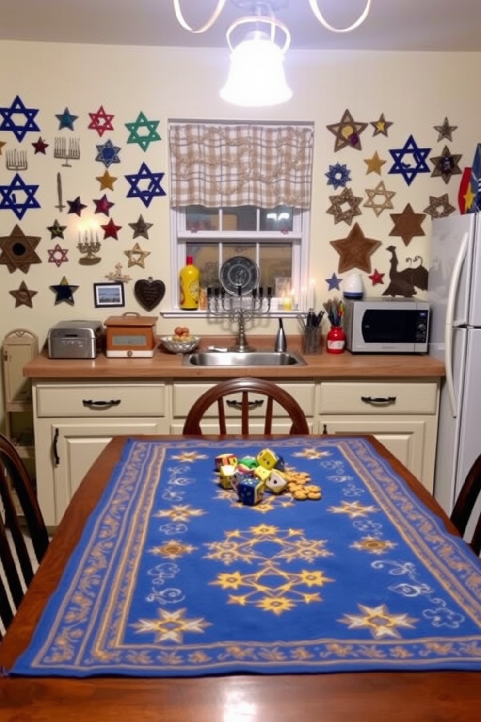 A cozy kitchen adorned with vintage Hanukkah decorations. The walls are lined with colorful menorahs and Star of David ornaments, creating a festive atmosphere. On the countertop, a collection of traditional dreidels and gelt is artfully arranged. A beautifully embroidered table runner featuring blue and gold hues adds a touch of elegance to the dining area.