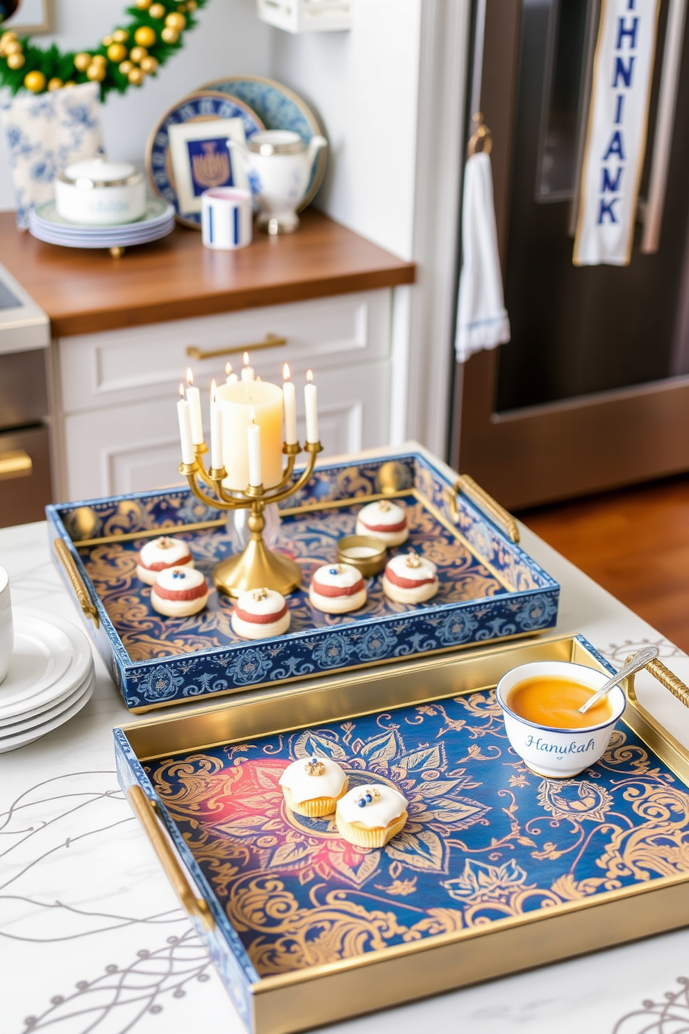 Stylish serving trays adorned with elegant patterns and rich colors are perfect for showcasing festive treats during Hanukkah celebrations. Each tray features intricate designs that reflect the spirit of the holiday, complemented by vibrant decorations and seasonal accents. In the kitchen, incorporate festive Hanukkah elements through decorations such as blue and silver accents, menorah-themed dishware, and cheerful table settings. These ideas create a warm and inviting atmosphere, enhancing the joy of holiday gatherings.