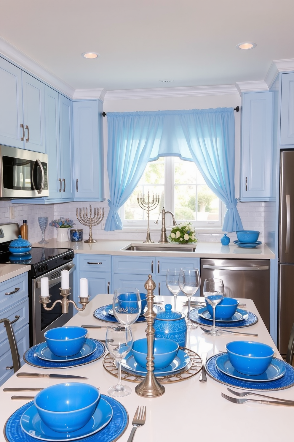 A light blue kitchen features sleek silver appliances and cabinetry that enhances the airy atmosphere. Decorative elements include silver menorahs and blue-themed dishware, creating a festive yet elegant Hanukkah setting. Soft blue curtains frame the window, allowing natural light to illuminate the space. A beautifully set dining table showcases blue and silver tableware, ready for a celebratory meal.