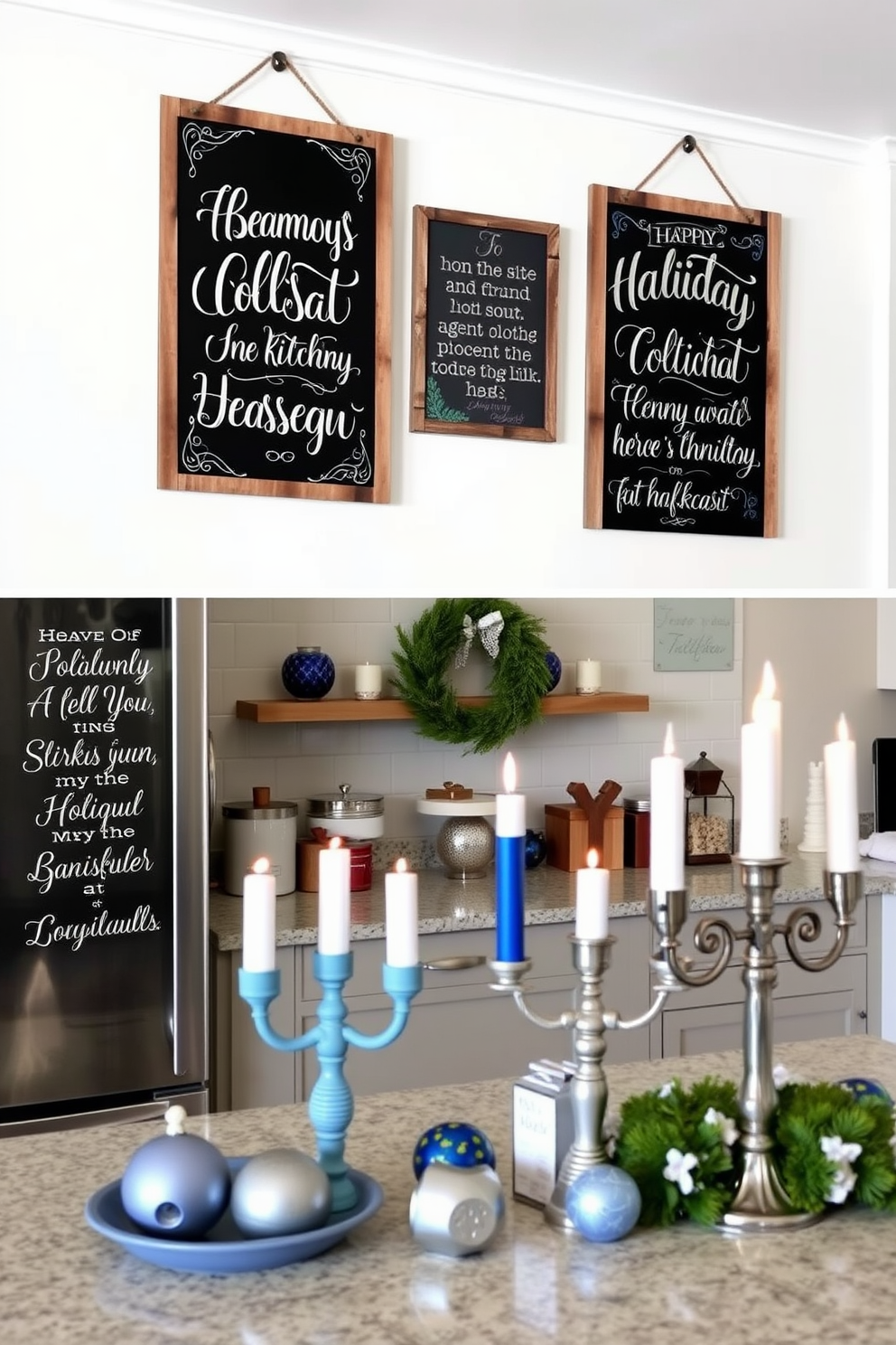 Charming holiday quotes are beautifully displayed on rustic chalkboards. Each board features unique lettering and festive designs that capture the spirit of the season. The kitchen is adorned with Hanukkah decorations that blend traditional elements with modern flair. Blue and silver accents, including menorahs and dreidels, create a warm and inviting atmosphere for family gatherings.