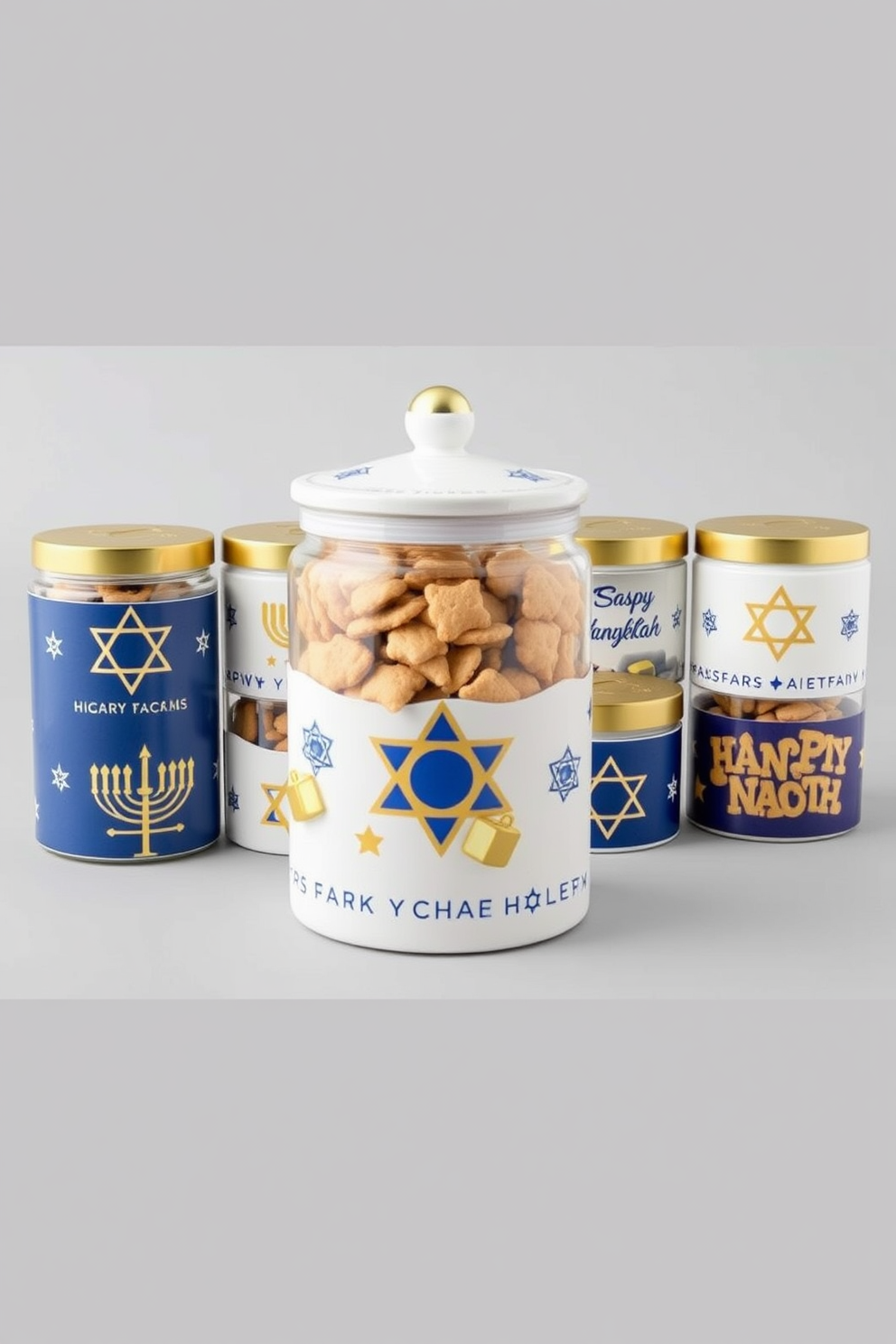 Create a collection of themed cookie jars designed for festive treats. Each jar should reflect the spirit of Hanukkah, featuring traditional blue and white colors, Star of David motifs, and subtle gold accents. Incorporate decorative elements such as menorahs and dreidels into the design of the jars. The jars should be both functional and visually appealing, perfect for displaying delicious holiday cookies.