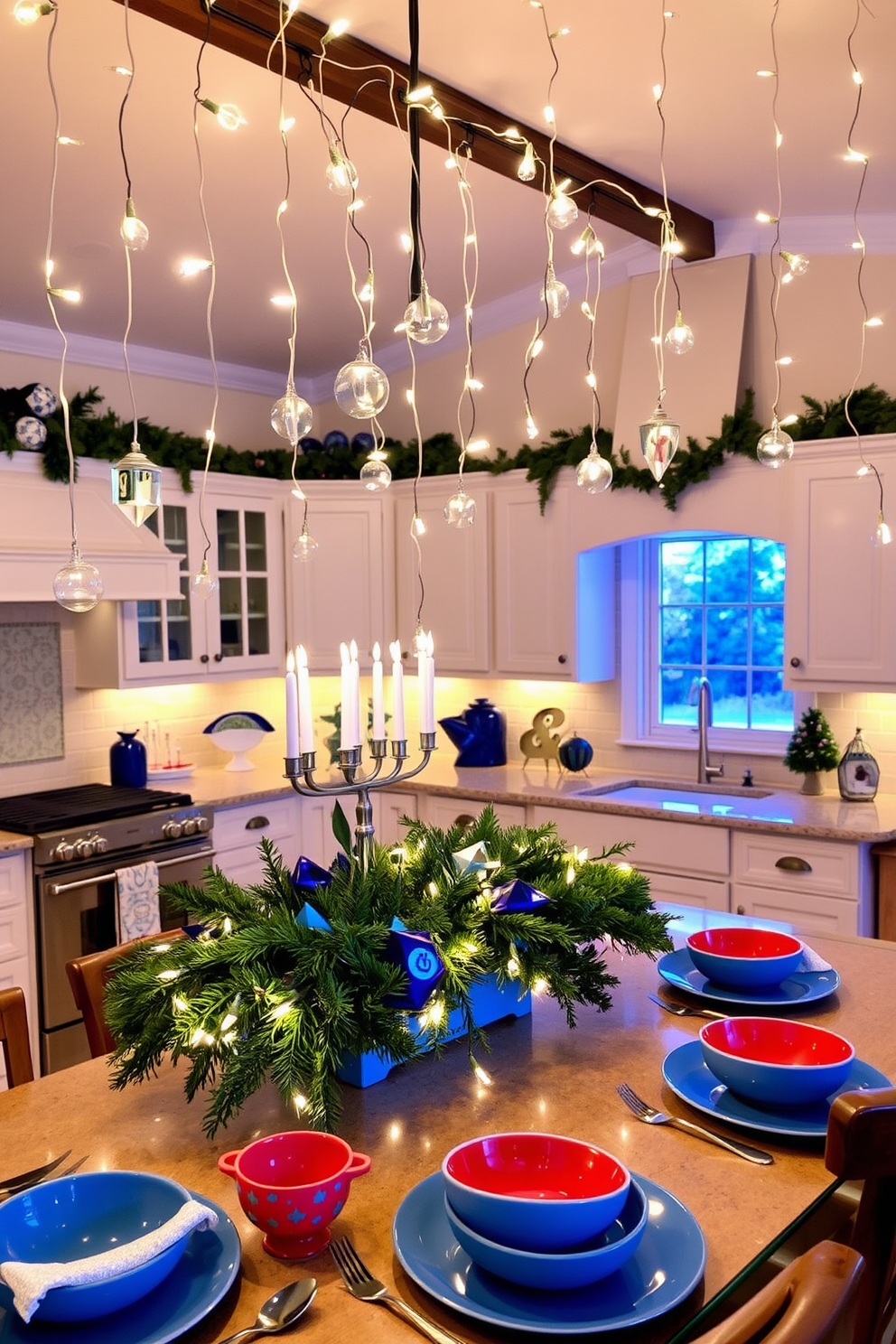 Hanging lights drape elegantly across the kitchen ceiling, casting a warm and inviting glow throughout the space. The festive decorations include blue and silver accents, with menorahs and dreidels thoughtfully placed on the countertops. The kitchen island is adorned with a beautiful arrangement of seasonal greenery and twinkling fairy lights. Colorful table settings feature traditional Hanukkah colors, enhancing the overall celebratory atmosphere.