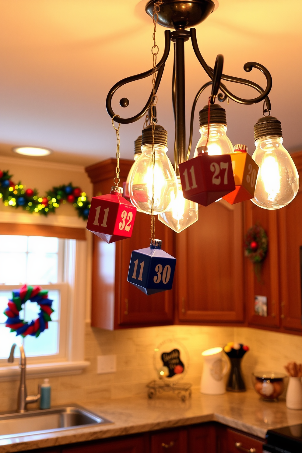 A festive kitchen adorned for Hanukkah features dreidel ornaments hanging gracefully from the light fixtures. The warm glow of the lights enhances the vibrant colors of the decorations, creating a joyful atmosphere.