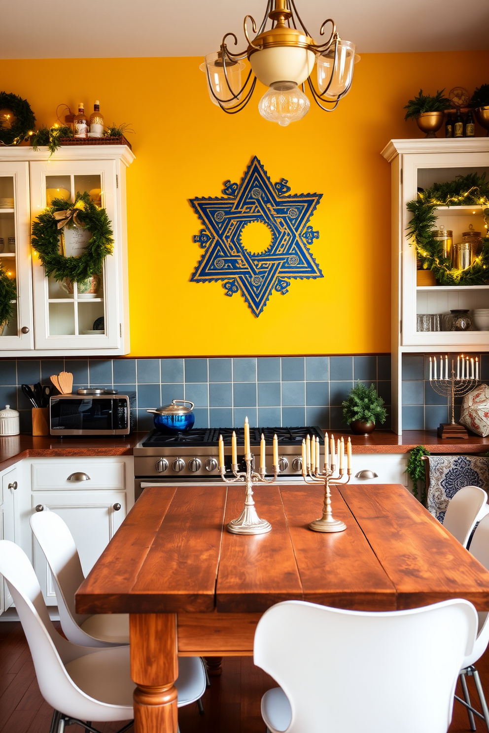 A vibrant kitchen adorned with a Star of David wall art display. The artwork features intricate designs in blue and gold, creating a stunning focal point above a rustic wooden dining table. Festive Hanukkah decorations bring warmth and joy to the space. Twinkling string lights and menorah centerpieces enhance the inviting atmosphere, making it perfect for family gatherings.