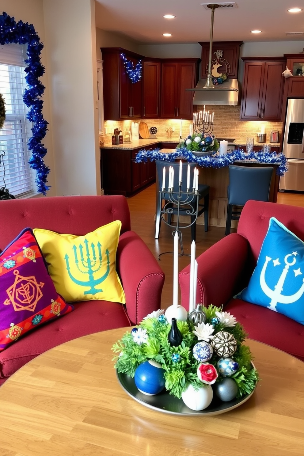 Brightly colored Hanukkah pillows are arranged on cozy chairs, adding a festive touch to the living space. The pillows feature traditional symbols and vibrant patterns, creating a warm and inviting atmosphere. In the kitchen, festive decorations enhance the holiday spirit, with a beautifully arranged table centerpiece showcasing menorahs and dreidels. String lights and garlands in blue and silver adorn the countertops, making the kitchen a cheerful gathering place for celebrations.