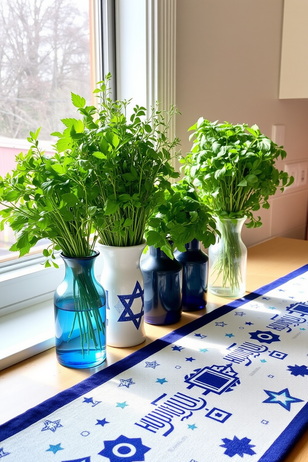 Fresh herbs in decorative vases create a lively and aromatic atmosphere in the kitchen. The vases are arranged on a windowsill, allowing natural light to enhance the vibrant greens of the herbs. For Hanukkah decorating ideas, incorporate blue and silver accents throughout the kitchen. Consider using a festive table runner adorned with menorahs and star motifs to set a celebratory tone.