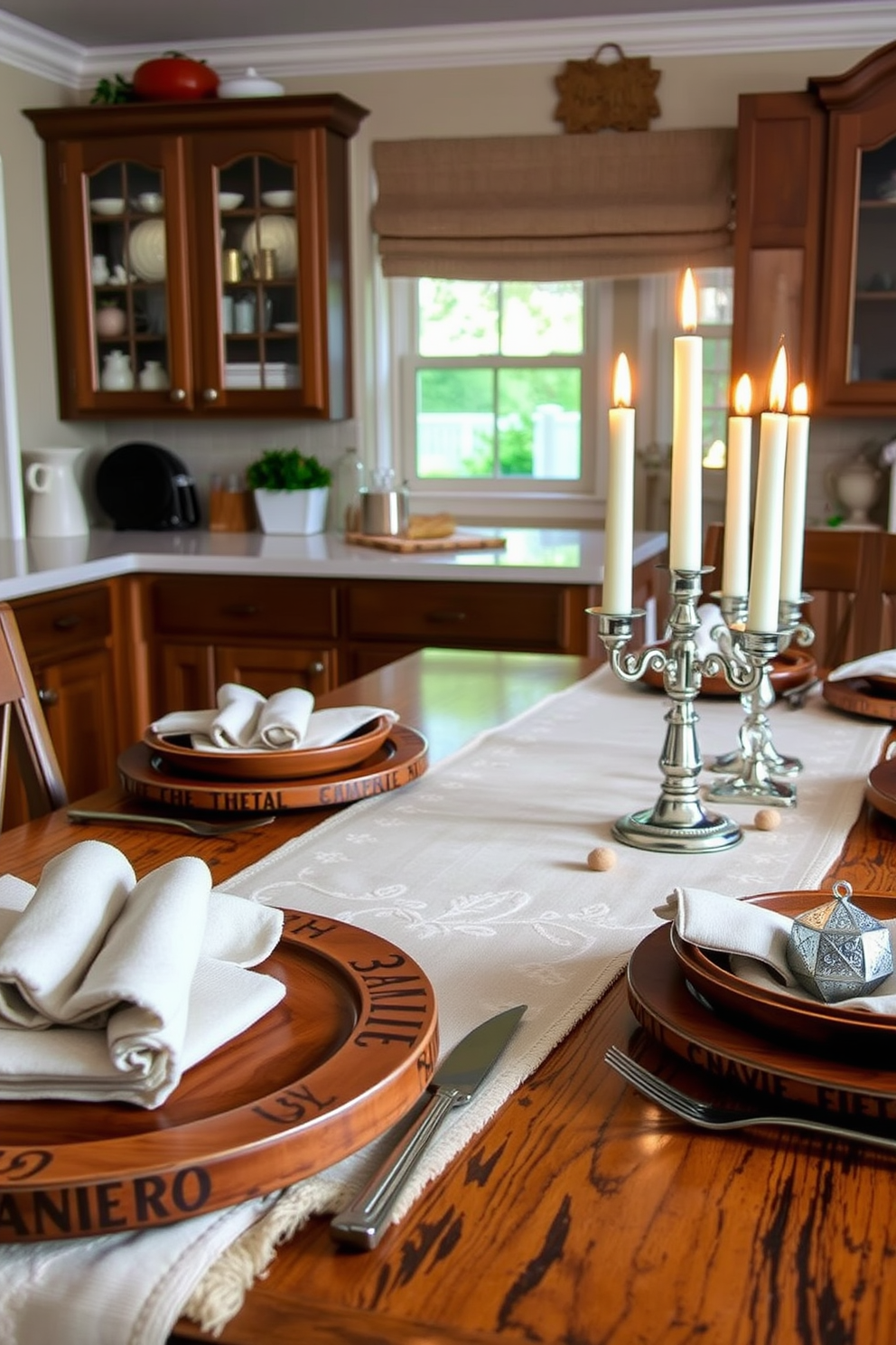 Layered textures create a warm and inviting atmosphere in the kitchen. A beautifully set table features a neutral table runner adorned with delicate embroidery, complemented by rustic wooden serving platters. For Hanukkah, incorporate deep blues and silvers into your decor. Use shimmering candles and elegant dreidels as centerpieces to enhance the festive spirit while maintaining a sophisticated look.