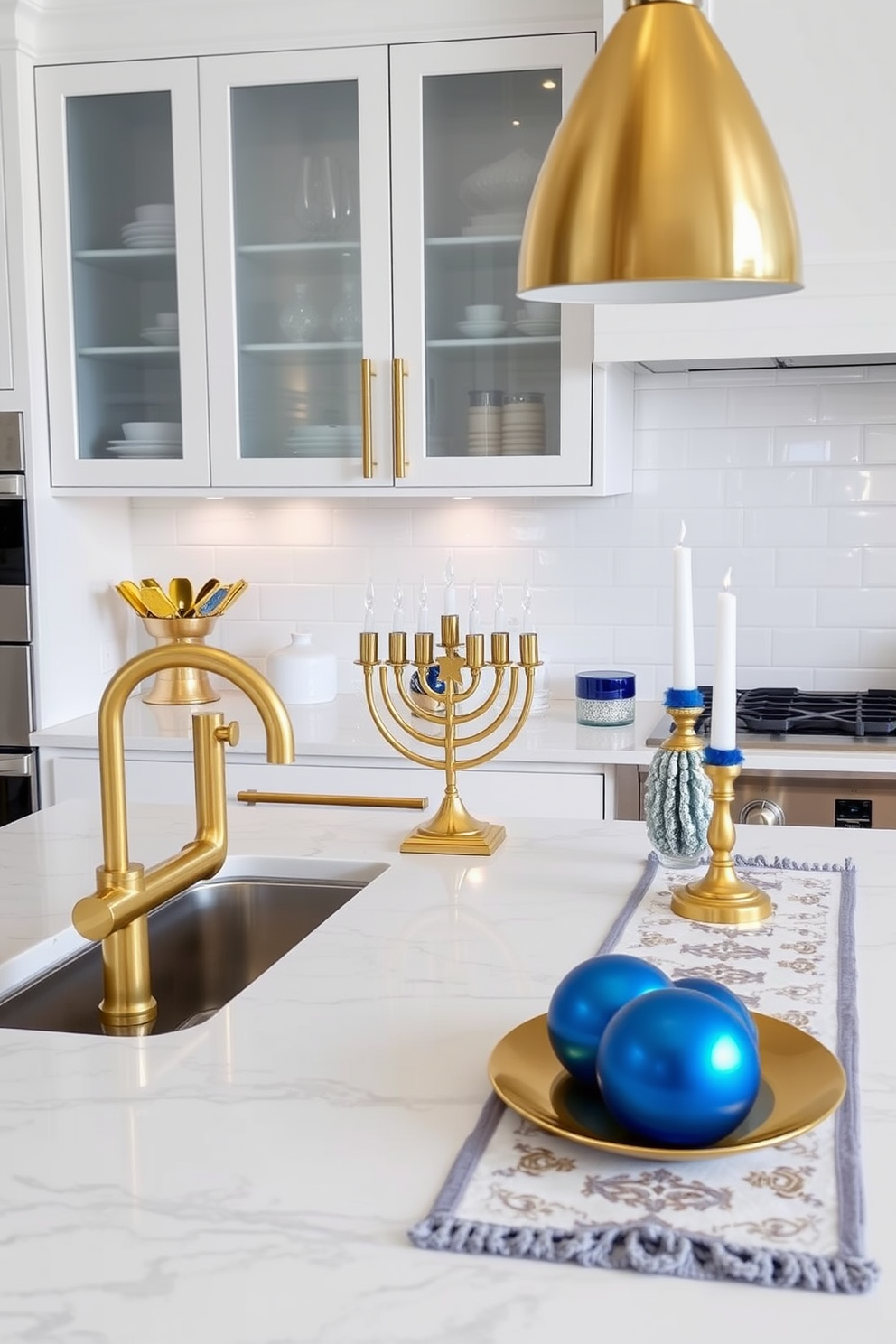 A modern kitchen featuring gold accents in accessories such as a sleek faucet and cabinet handles. The countertops are white with subtle gray veining, and the backsplash is a glossy subway tile that reflects the light beautifully. For Hanukkah decorating ideas, the kitchen is adorned with blue and silver decorations alongside the gold accents. A menorah sits on the countertop, surrounded by festive candles and a decorative table runner that adds warmth to the space.